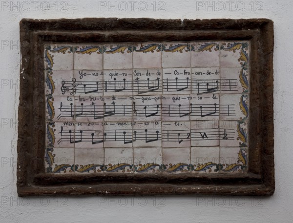 Cordoba, tile painting in the Jewish quarter. Song verse in text and notes painted on tiles in the