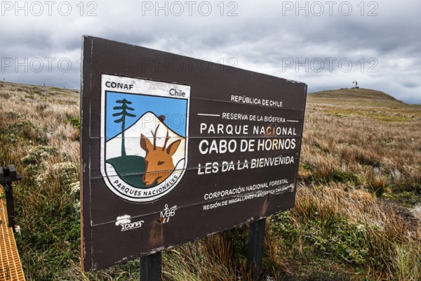 Cabo de Hornos National Park sign, Cape Horn, southernmost point of South America, Hornos Island,
