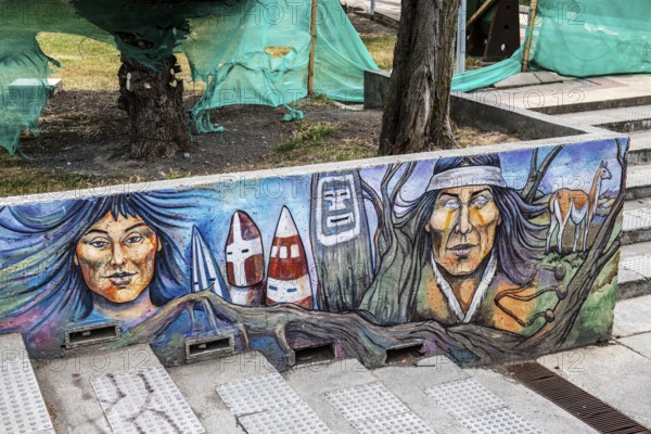 Mural depicting the cultural heritage of the Aonikenk and Kaweshar ethnic groups, Puerto Natales,
