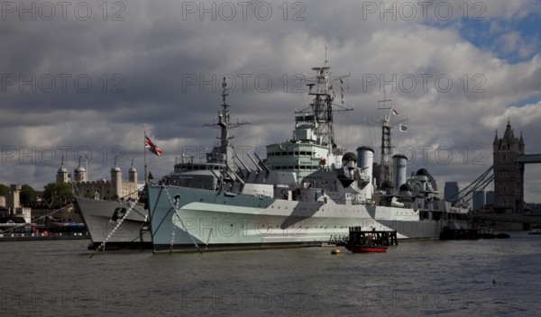 In service 1939-1964, permanent berth on the Thames, Tower on the left, Tower Bridge on the right