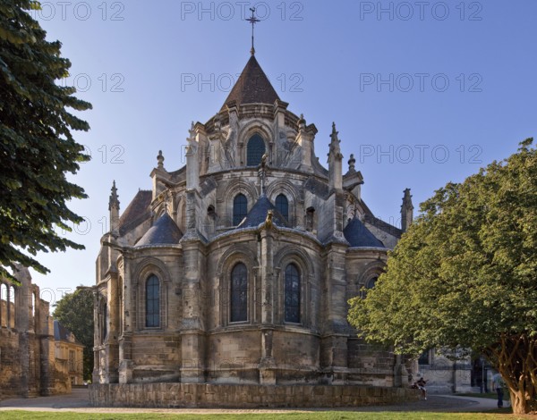 Built 1145-1235, choir exterior view with 18th century additions, ruins of the bishop's chapel on