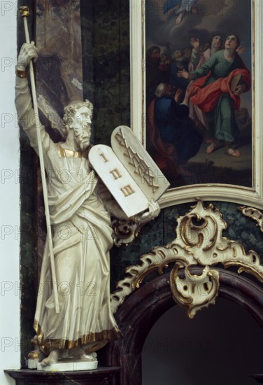 Moses figure on the altar by J.H. Schmidt, architect Cay Dose, St., Sankt, Saint