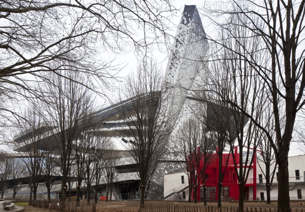 Architect Jean Nouvel, opened in 2015, view from the Parc de la Villette, in front of it a
