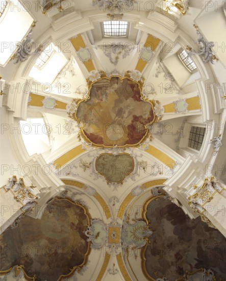 Vault of the northern transept arm. The Vierzehnheiligen Basilica near Bad Staffelstein in the