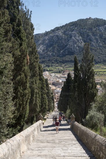 Majorca, Pollenca, Puig del Calvari, Stairway to the Calvary. View of the town and the countryside