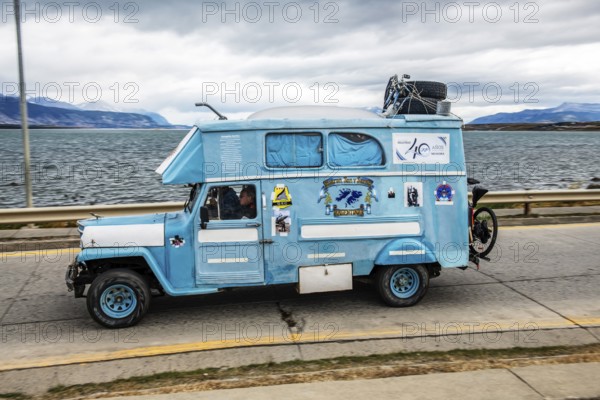 Campervan in the colours of Argentina, Puerto Natales, Patagonia, Chile, South America
