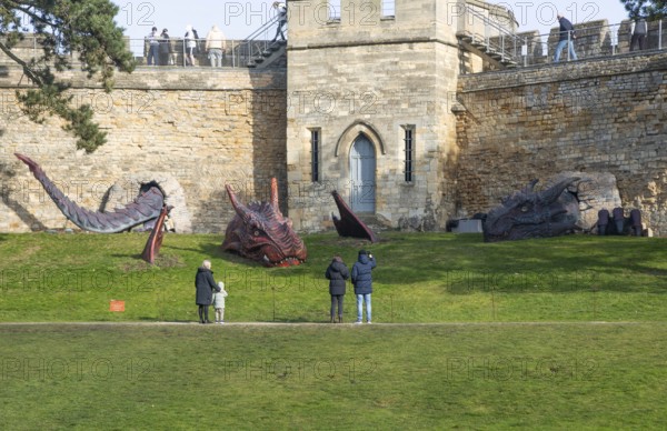 Dragon attraction next to Cob Hall Tower, Lincoln castle, city of Lincoln, Lincolnshire, England,