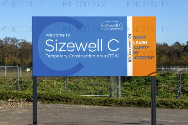 Welcome to Sizewell C temporary construction area (TCA) sign, Sizewell, Suffolk, England, UK