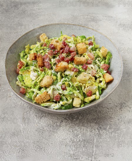 Brussels sprouts Caesar salad, with bacon and croutons, healthy food, homemade, no people
