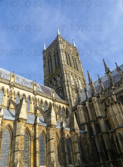 Looking up at central tower of Lincoln cathedral church, city of Lincoln, Lincolnshire, England, UK