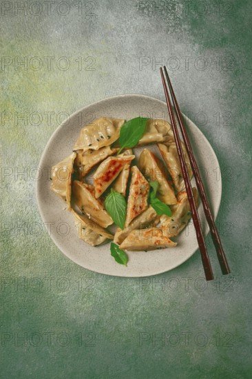Japanese fried dumplings, gyoza, sesame seeds, top view, no people