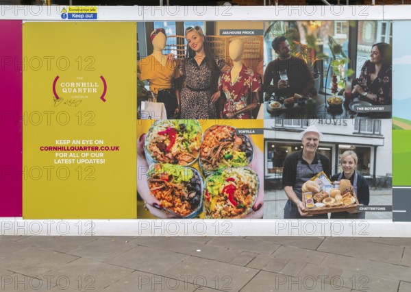 Posters promoting the Cornhill Quarter, city of Lincoln, Lincolnshire, England, UK