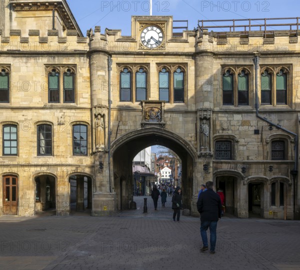 The Stonebow and Guildhall medieval town gate main city High Street, Lincoln, Lincolnshire,