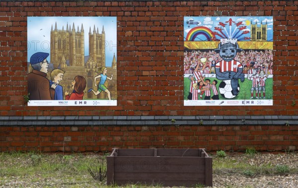 Heritage posters portraying local history, Lincoln railway station, city of Lincoln, Lincolnshire,