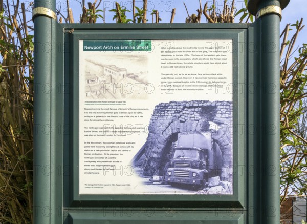 Information sign notice about Newport Arch on Roman Ermine Street, Bailgate, city of Lincoln,