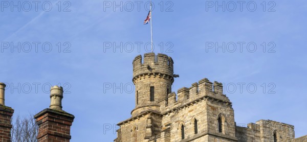 Observatory Tower turret flying Union Jack flag, Lincoln Castle, city of Lincoln, Lincolnshire,