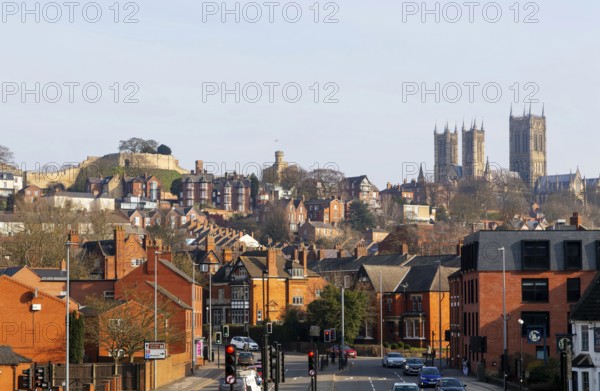 Castle and cathedral in Uphill area viewed from Brayford Way in city centre, Lincoln, Lincolnshire,