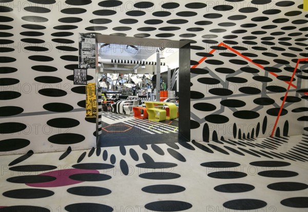 Venice, Biennale grounds, cafeteria designed in 2009 by Tobias Rehberger, vestibule with view into