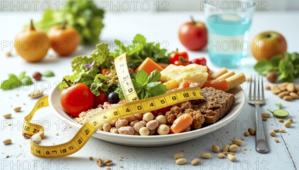 A colorful salad with beans, bread, and vegetables adorned with a measuring tape centers on diet