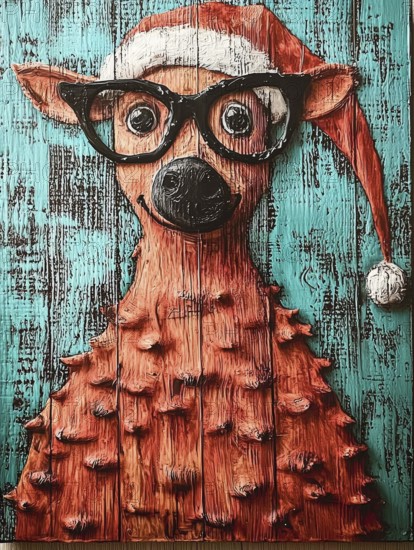 Whimsical holiday art featuring a stylized reindeer with a Santa hat and glasses, set against a