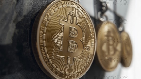 A macro shot shows a series of golden coins, each marked with a distinctive 'B' emblem. The coins,