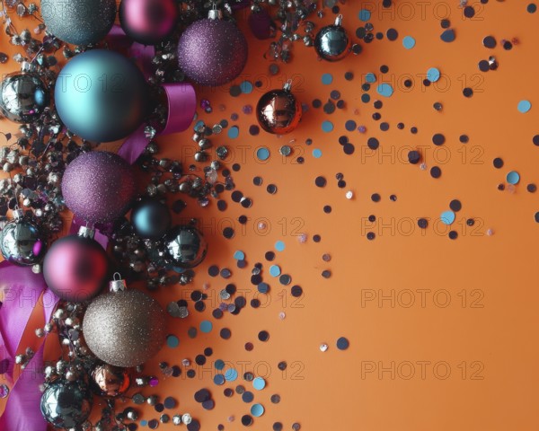 Vibrant holiday scene with assorted colorful ornaments, tiny silver flower accents, a violet
