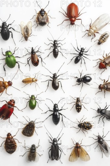This image features a collection of insects, each unique in its appearance and form. Set against a