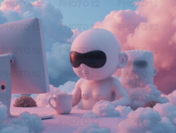 A surreal scene features a figure with shades sitting at a desk with a computer and coffee cup