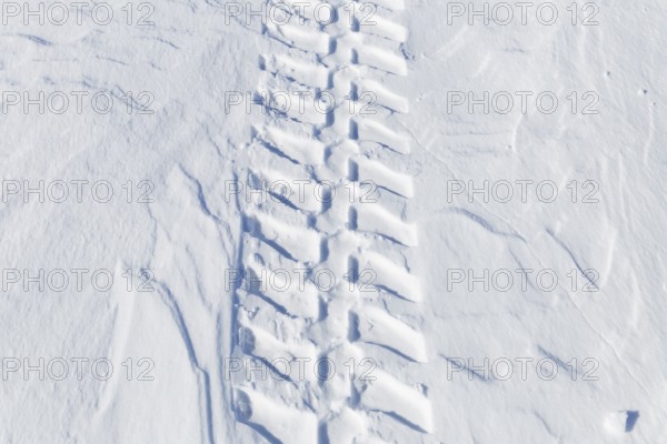 Winter, tire prints in the snow, Saint Lawrence River, Province of Quebec, Canada, North America