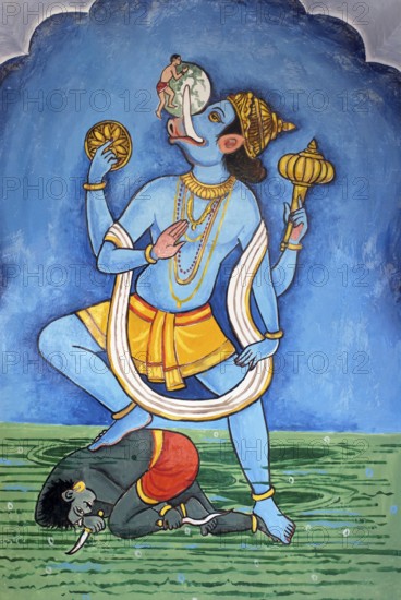 Varahavtar or boar third incarnation of Lord Vishnu colourfully painted on wall of Vishnu Narayan