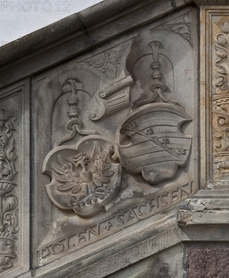 Oschatz Saxony Town Hall 75341 Coat of arms reliefs of Poland and Saxony on the parapet of the town