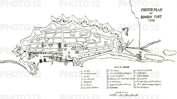 Bombay Map, French plan of Bombay fort 1758, Mumbai, Maharashtra, India, Asia