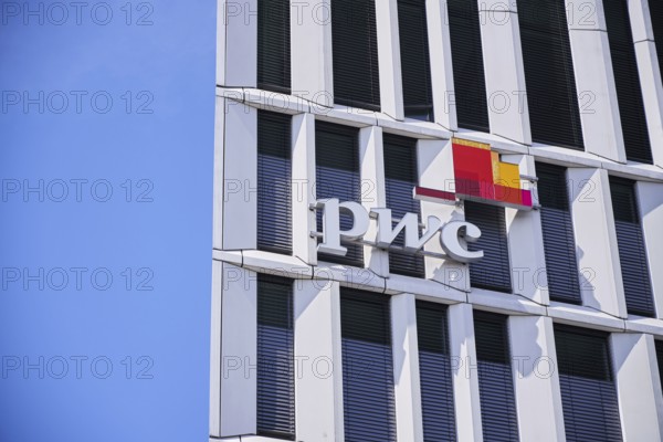 Pwc logo on the building of PricewaterhouseCoopers, Berlin, Berlin, Germany, Europe