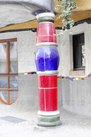 Detail of the colourful façade of the Hundertwasser House, Hundertwasser House, residential