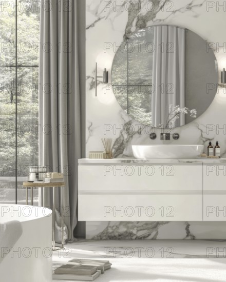 A contemporary bathroom bathed in natural light, showcasing marble walls, a round mirror, and a
