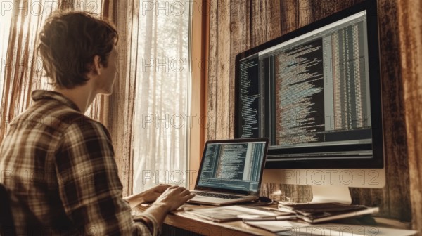 Young adult working remotely at home. The individual is using a laptop and monitor to write code.