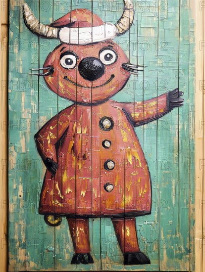 A whimsical cartoon character painting on rustic wood planks, with a charming expression. The art