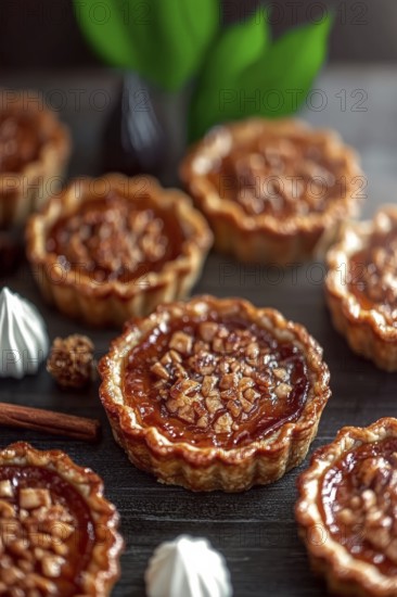Several warm, flaky pastry tarts sit atop a dark wood surface, each filled with a sweet,