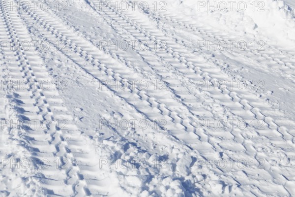 Winter, tire prints in the snow, Saint Lawrence River, Province of Quebec, Canada, North America