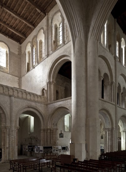 Cerisy-la-Forêt, Normandy, abbey church interior facing south-west with 18th century transept