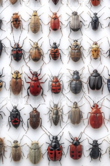 An array of beetles, diverse in color and form, are neatly arranged against a white background. The