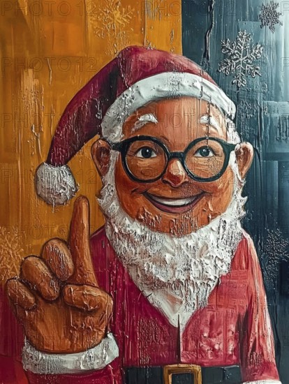 Whimsical artwork depicts Santa with glasses, raising his index finger in a gesturing pose. The