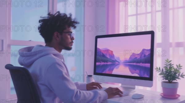 A young man wearing glasses and a hoodie works on a desktop computer in a brightly lit room, a
