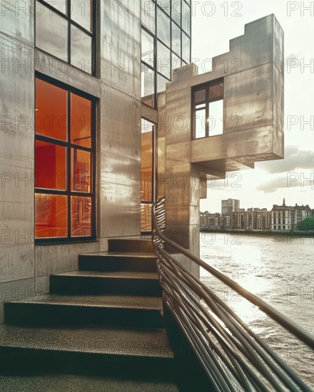 An eye-level architectural shot showcasing stairs leading to a modern building with a unique