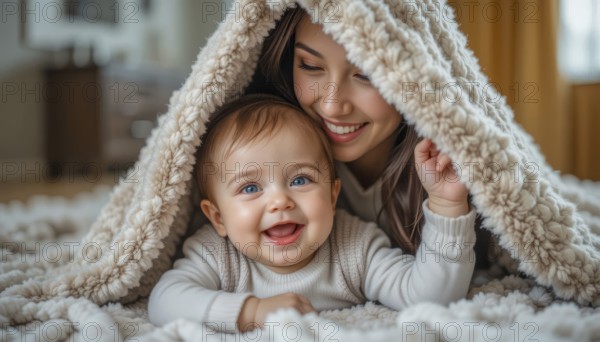 A woman and happy baby under a beige fluffy blanket, exuding warmth and tenderness, AI generated