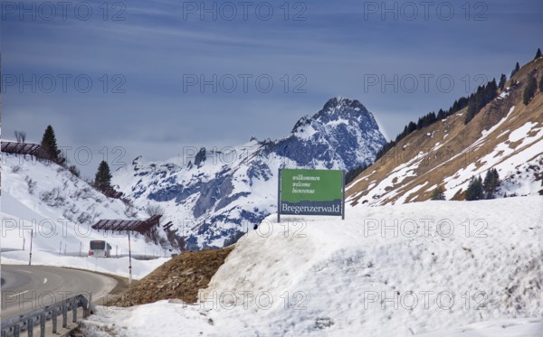 Landscape in the Bregenzerwald with welcome sign, Vorarlberg, Austria, Europe
