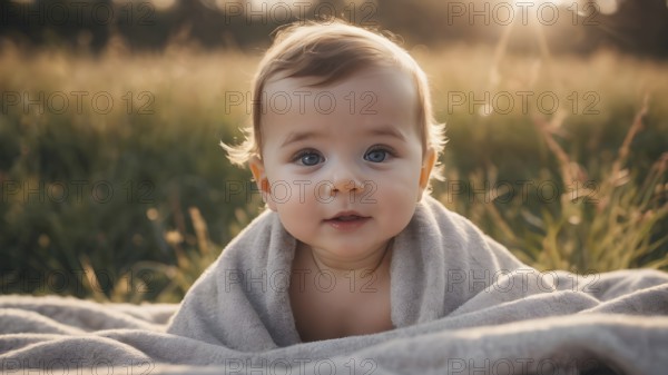 Adorable baby, looking out under a blanket. AI generated image, ai