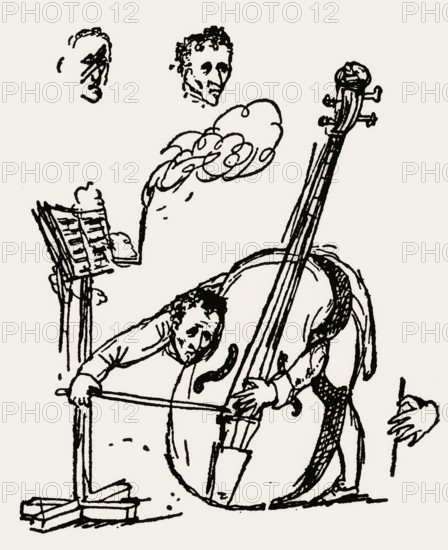 The bass player dell'Occa, historical caricature from the 19th century by E. T. A. Hoffmann