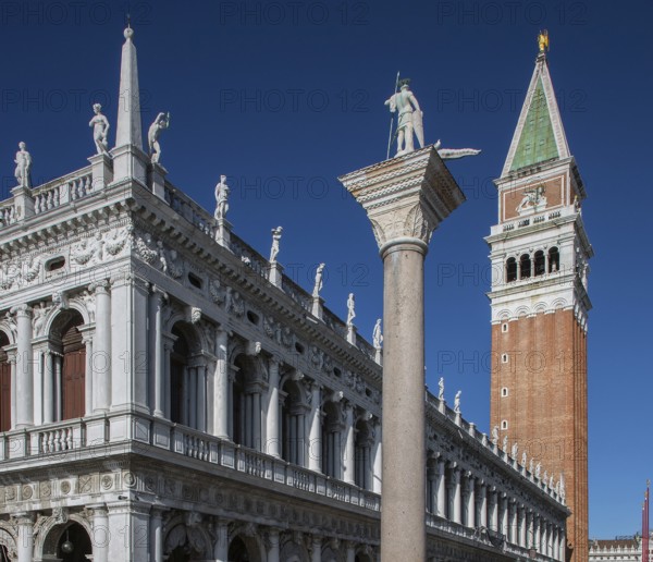 Italy Venice Campanile -4 of San Marco 12 u 16 c. and Bibliotheca Marciana 16 c. in front