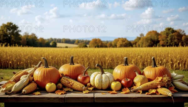 Pumpkins and apples on a table with a blue sky and golden field in the background, AI generated